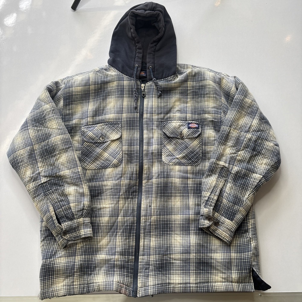 Dickies Jacket Men's L Gray Plaid Hooded Quilt Lined Flannel Work Shacket Vtg